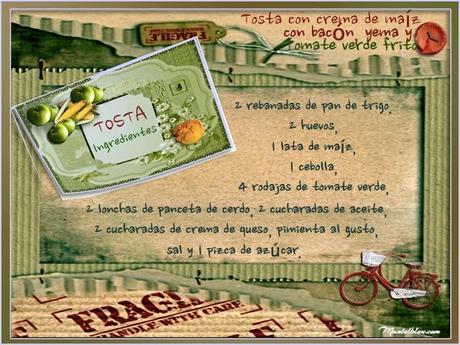 Tosta de crema de maíz con bacón, yema y tomate verde frito