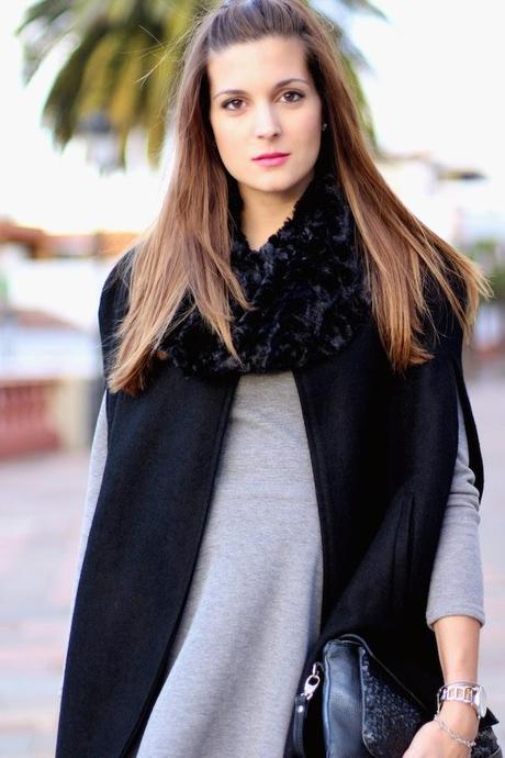 Grey Dress and Black Cape
