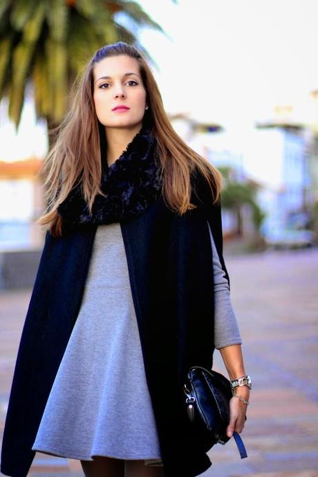 Grey Dress and Black Cape