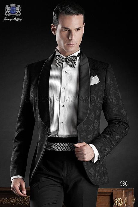 Traje de novio italiano a medida, chaqueta jacquard negro en pura lana mixto seda con solapa chal y un boton, coordinado con pantalon negro, modelo 936 Ottavio Nuccio Gala Black Tie 2015.