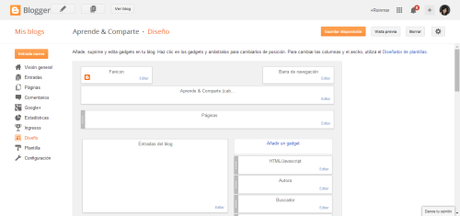 Panel de diseño de la configuración de Blogger