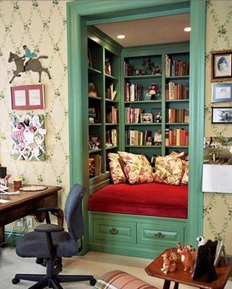 Convert the closet in a spare room into a reading nook! Almost as awesome as a study with floor to ceiling bookshelves.