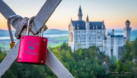 Castle of love, love padlocks in front of Neuschwanstein castle