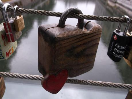 Large wooden love padlock on the bridge, Ljubljana Castle