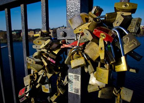 Love padlocks on Vasterbron bridge in Stockholm Sweden