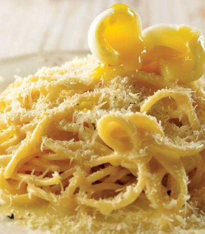 Espagueti con huevo de codorniz y parmesano