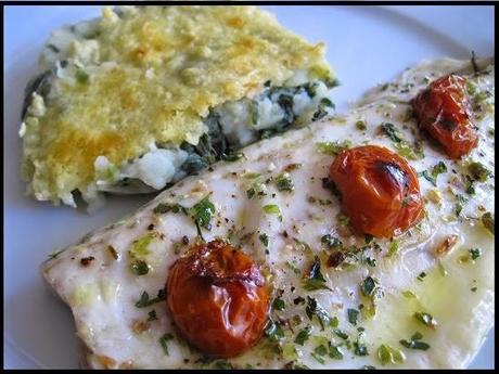 Lubina al horno con pastel de espinacas