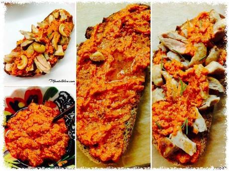 Tosta de pollo sobre salsa de pesto rojo