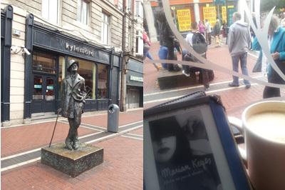 Aquí estoy en Dublín, delante de Joyce. Leyendo a Marian Keyes, que me parece más divertida. Y es irlandesa también.