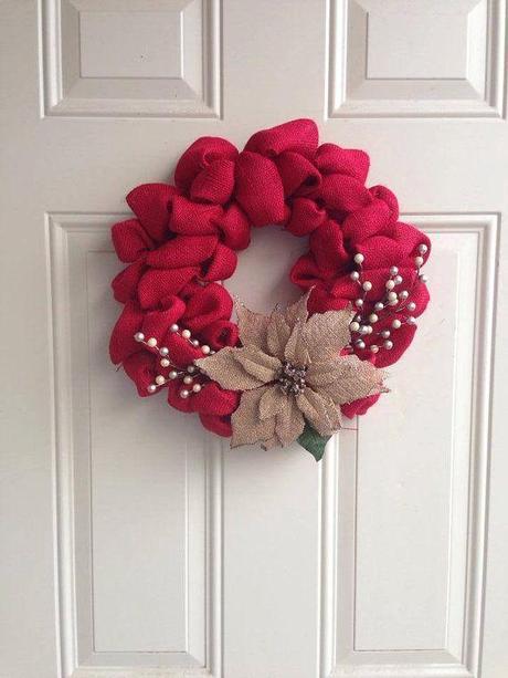 Christmas Red Burlap Wreath with burlap glitter poinsettia