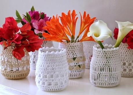 IDEAS PARA RECICLAR TARROS O ENVASES DE VIDRIO Y FORRARLOS AL CROCHET