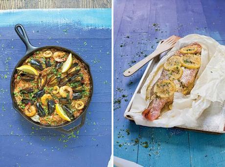 Paella y pescado relleno