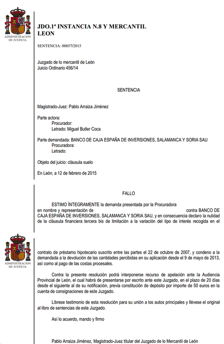 Otra demanda más ganada por nuestros abogados contra Caja España - Duero con devolución de cantidades