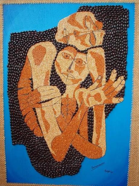 Cuadro de Guayasamin hecho con semillas pegadas una a una