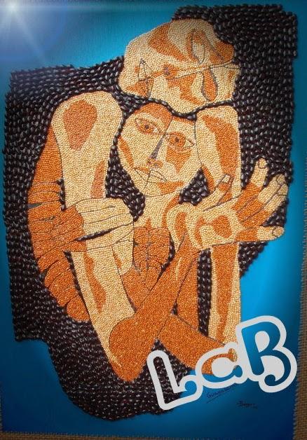 Cuadro de Guayasamin hecho con semillas pegadas una a una