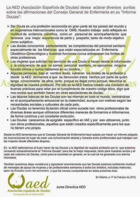 Nuevo comunicado de la Asociación Española de Doulas respecto al Informe Doula
