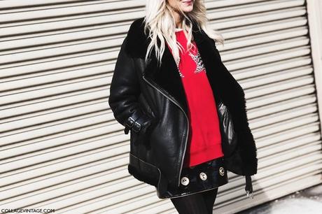 New_York_Fashion_Week-Fall_Winter_2015-Street_Style-NYFW-Shearling_Coat_Acne-Red_Sweatshirt-