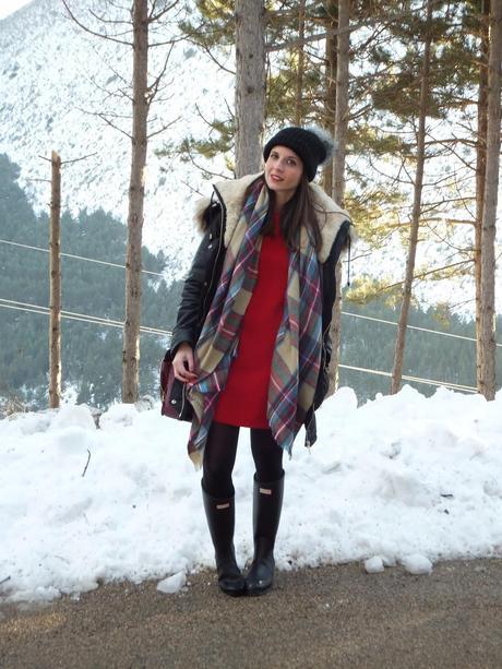 Hunter boots and red dress