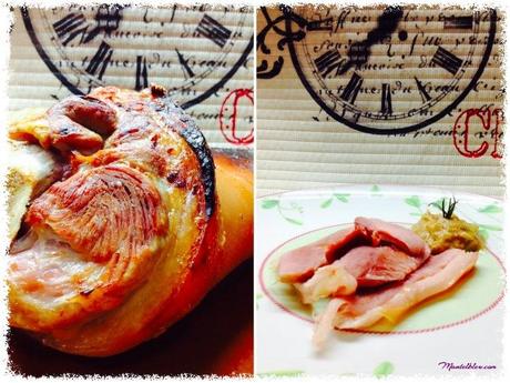 Codillo asado con puré de manzana y cebolla