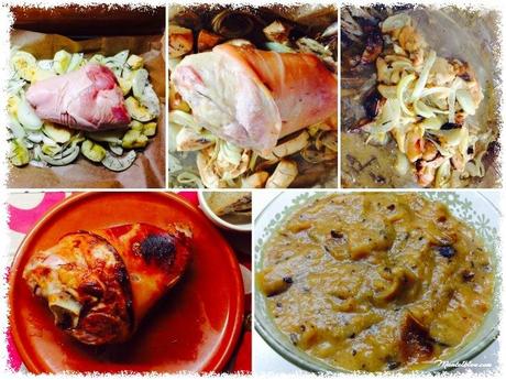 Codillo asado con puré de manzana y cebolla