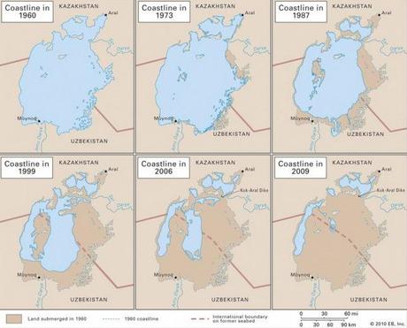 La progresiva desaparición del mar de Aral. Fuente: Mappery