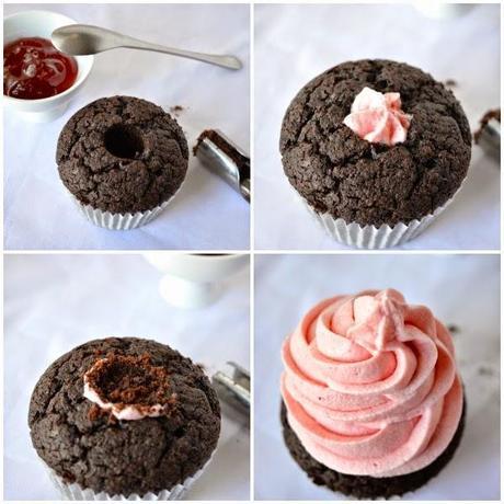 Cupcakes de chocolate y crema de fresas