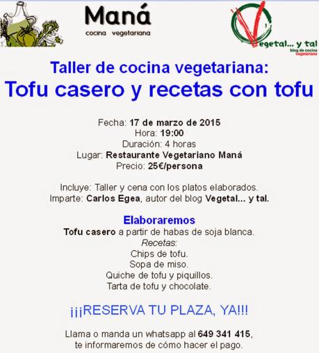 Cartel del taller de cocina vegetariana sobre elaboración de tofu casero y recetas con tofu.