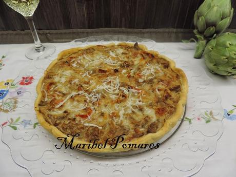 Quiche de alcachofas, cebolla, nueces y palitos de mar en olla programable.