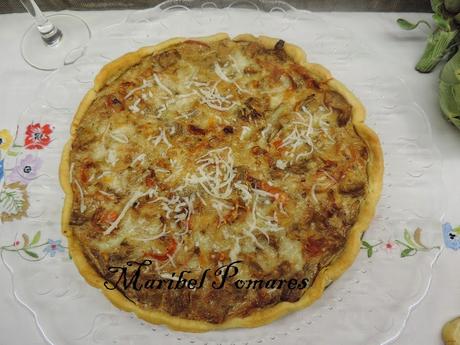 Quiche de alcachofas, cebolla, nueces y palitos de mar en olla programable.