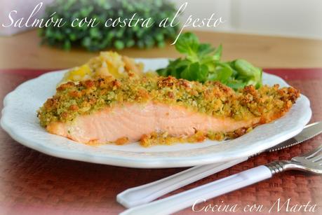 Salmón al horno con costra al pesto pesto. Baked salmon. Receta fácil, rápida y saludable.
