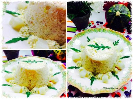 Flan de puerros con salsa de huevo y bacalao