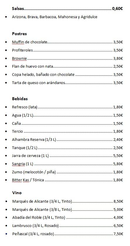 Carta de Salsas, Postres, Bebidas y Vino