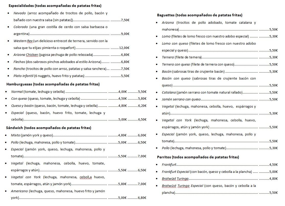 Carta de Especialidades, Hamburguesas, Sándwiches, Baguettes y Perritos