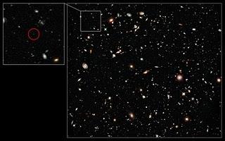 Fotografía del Hubble de UDFy-38135539, la galaxia que posee el récord de distancia