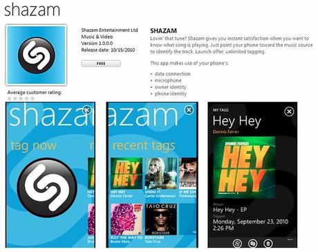 Shazam para Windows Phone 7 en el Store