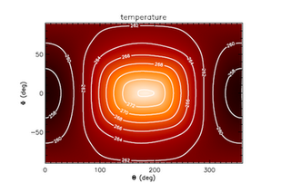Mapa de temperaturas simuladas (en Kelvin) cerca de la superficie de Gliese 581g