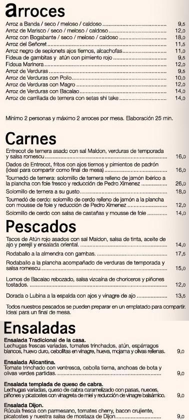 Carta de arroces, carnes, pescados y ensaladas