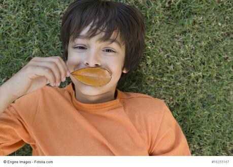 Boy holding leaf over mouth