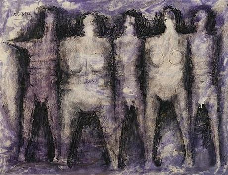 Muestra de la obra de Roberto Donis. Grupo de hombres y mujeres