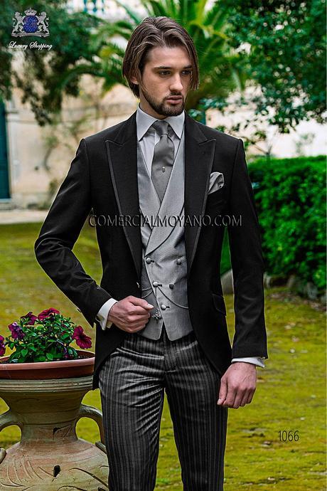 ¡El alba de una nueva era: e-commerce Ottavio Nuccio Gala! Traje de novio italiano a medida, con semilevita, en tejido new performance negro, chaleco a contraste y pantalón raya diplomática 1066 Ottavio Nuccio Gala colección Fashion 2015.