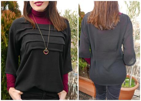 Blusa negra con pliegues y línea oversize para vestir a capas 