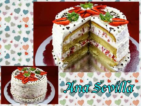 Tarta de nata y fresas (Con bizcocho)