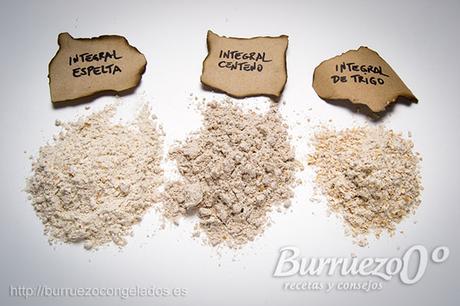 Tipos de harina y características Harina integral espelta, centeno y de trigo.