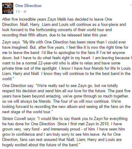 ¡Es un hecho! Zayn Malik deja One Direction