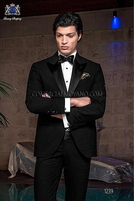 Traje de novio italiano a medida esmoquin, en cuadros madrás negros, modelo 1239 Ottavio Nuccio Gala colección Black Tie 2015.