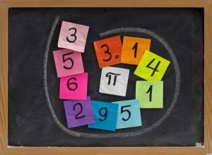 first ten digits of the number pi handwritten on colorful sticky notes and posted on a blackboard