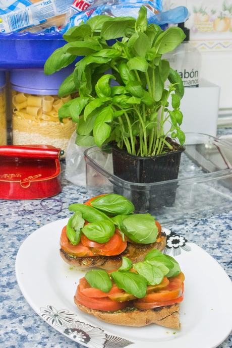 Bruschetta de tomate y albahaca en pan de pasas