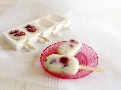 Mini helados de yogur, chips de chocolate y frambuesas