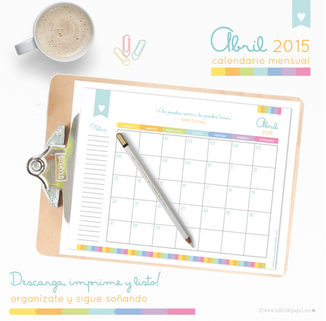 En el Good Monday! de hoy, descarga GRATIS este lindo Calendario Mensual del mes de Abril y  comienza esta semana muy organizada y sin olvidar nada. Con cariño de Taller de Papel :)