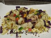 Ensalada aprovechamiento, coliflor, atún, lombarda, pimientos, queso semillas linaza.